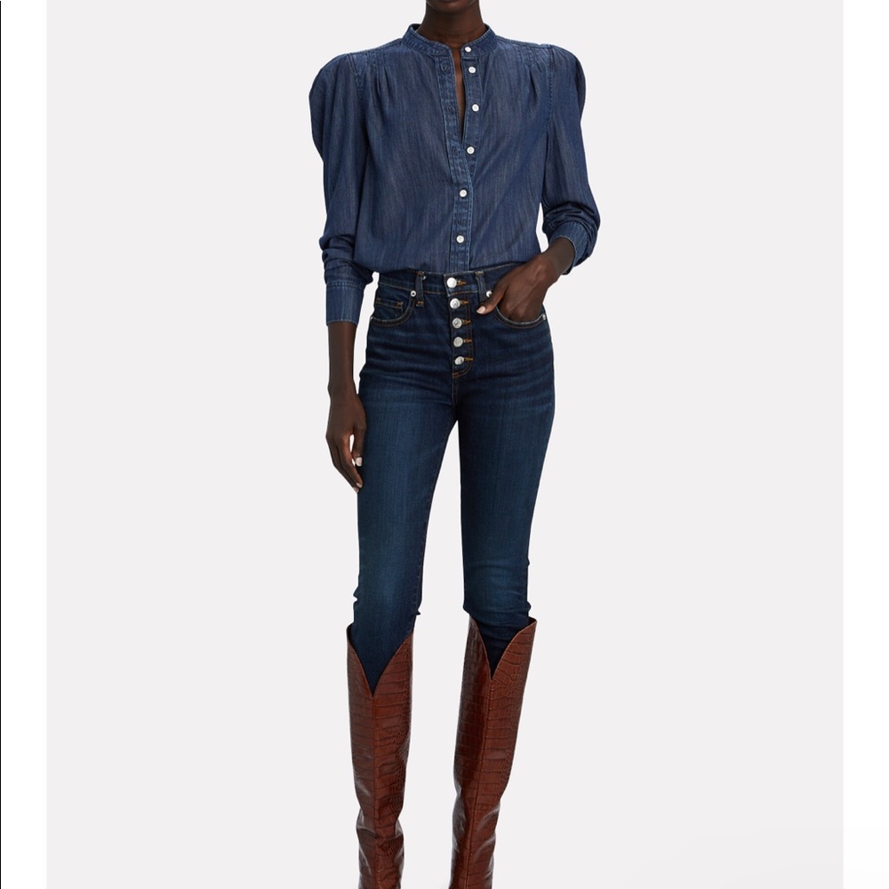 Frame Denim Navy Button-Front Peasant Blouse